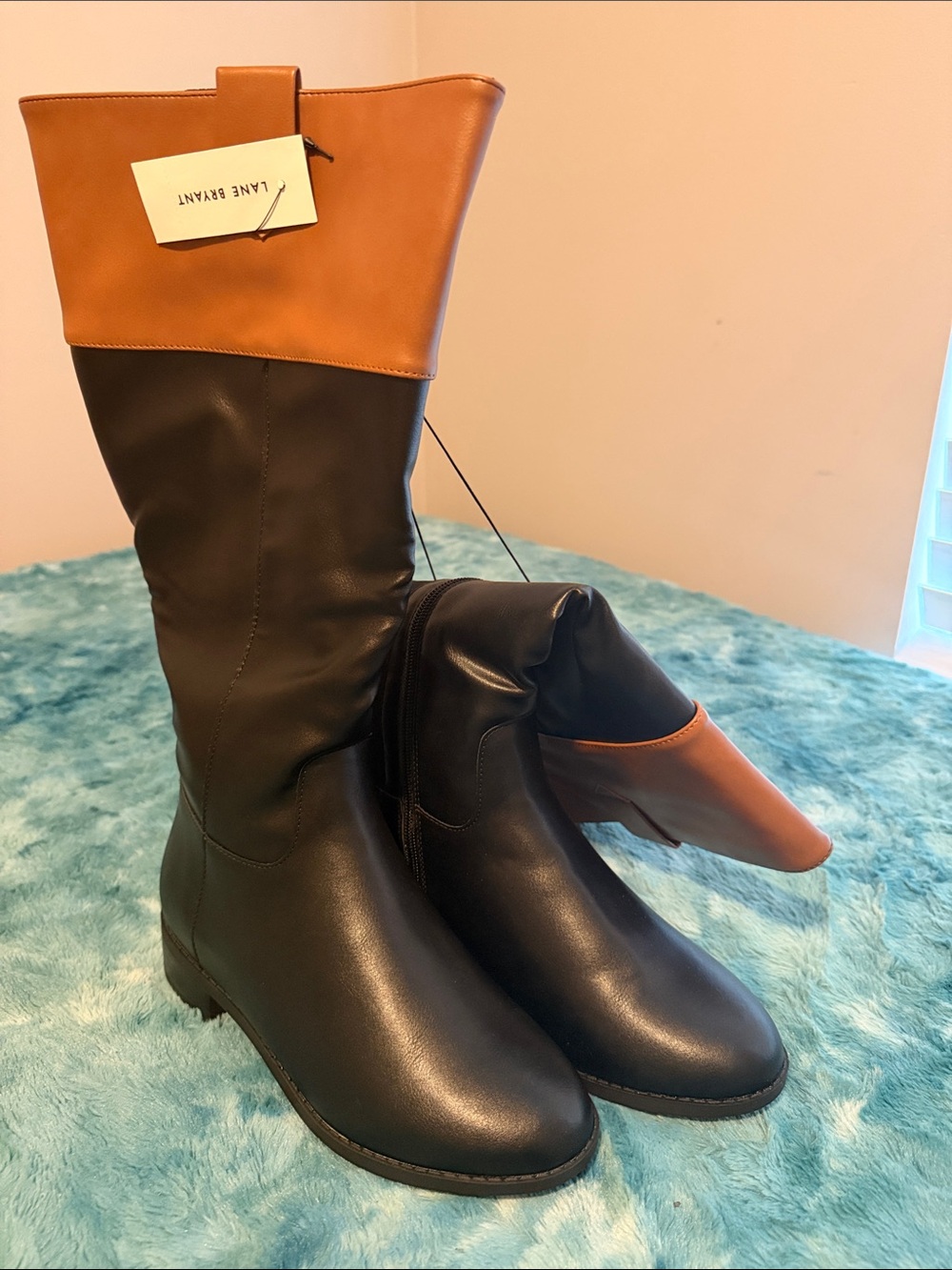 Lane Bryant Black and Tan Two-Tone Knee-High Heeled Boots